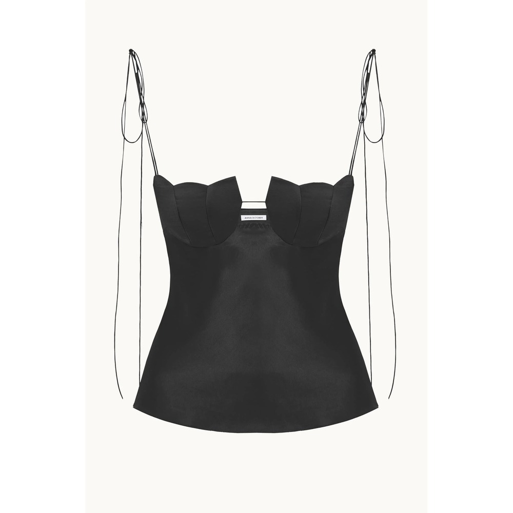 Anna October Iolantha Black Satin Bustier Top Scalloped Tie Strap Size M